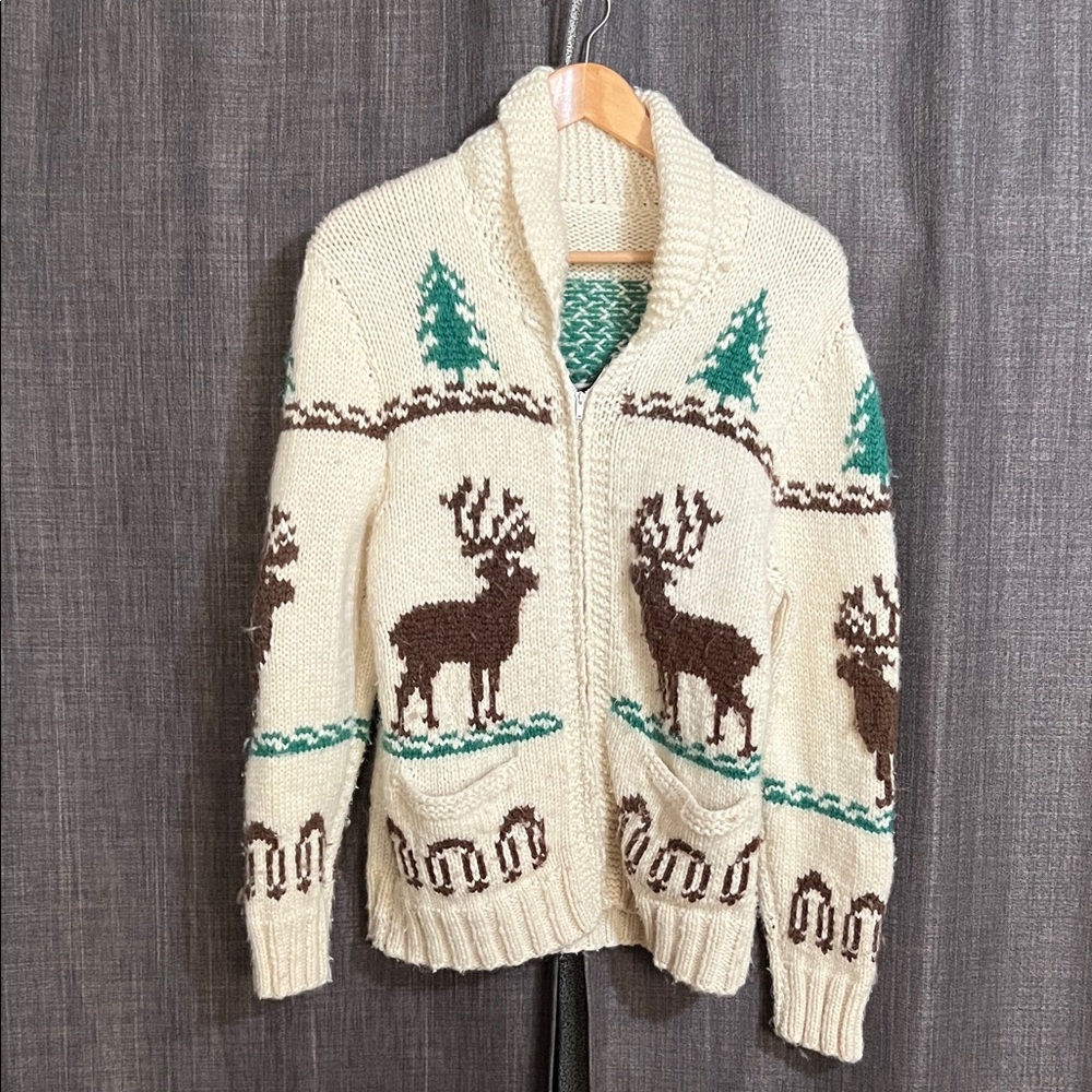 Handmade hand knit cardigan zip up with elk and pine trees medium